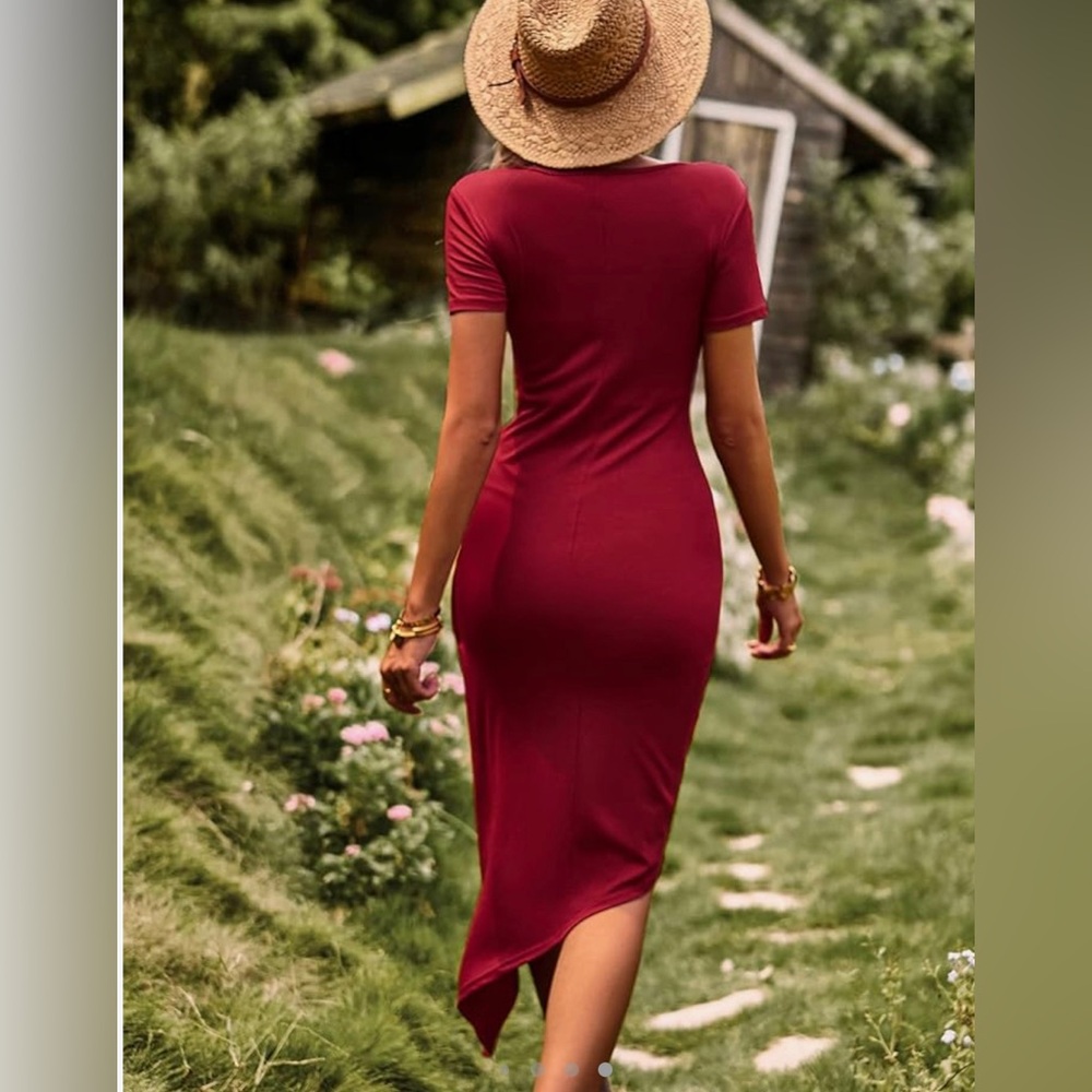 Women's Bodycon Short Dresses Casual Crew Neck Tie Waist Ruched Party - Picture 2 of 3